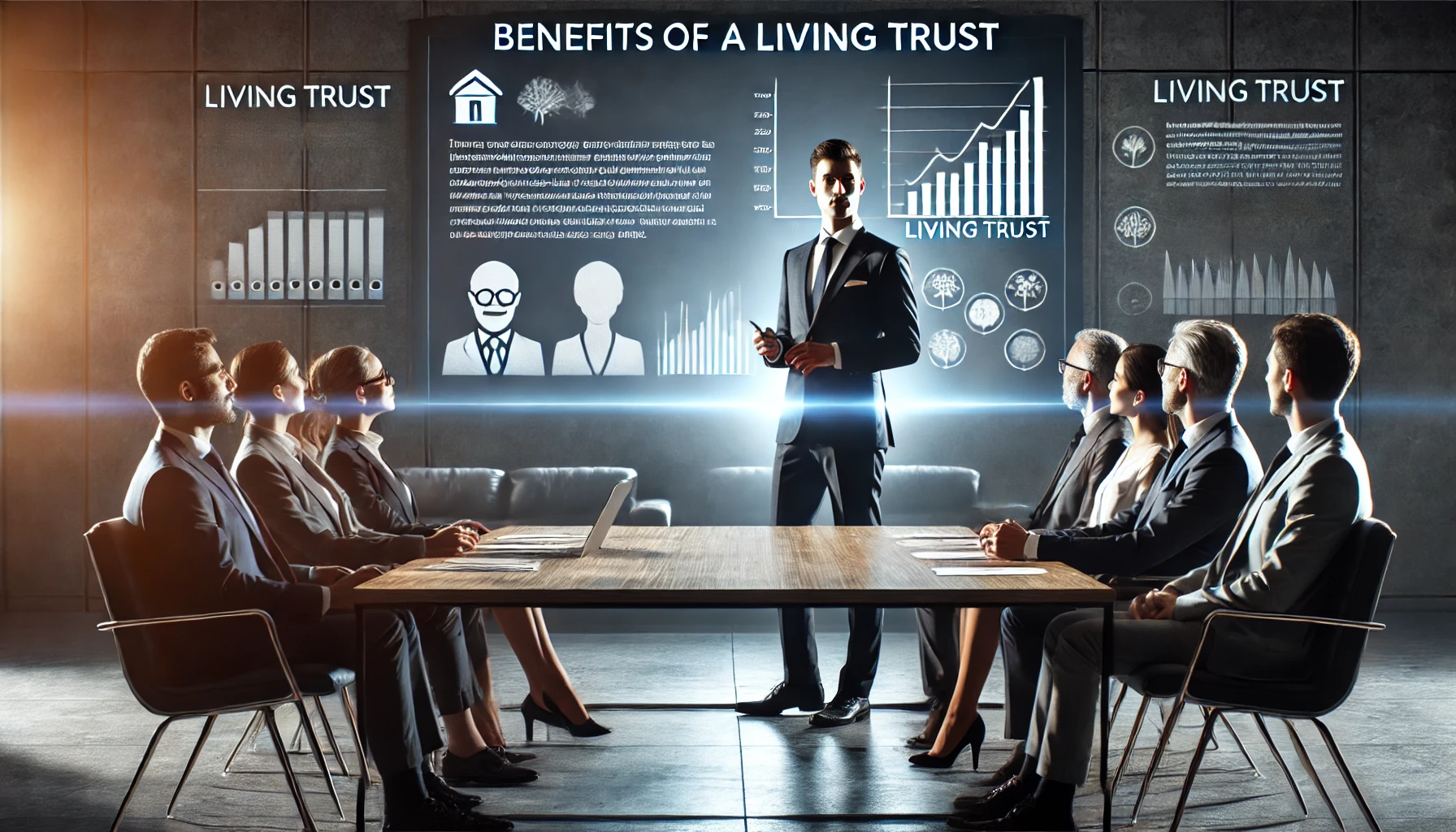 금융 전문가가 유언대용신탁의 장점을 설명하는 프레젠테이션 장면 (세련된 배경, 전문적인 이미지)