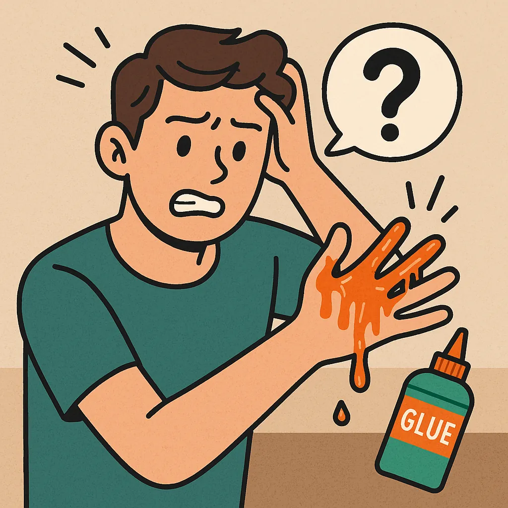 손에-묻은-본드가-잘-안-지워져서-당황한-남성이-표정을-짓고있는-모습과-질문표시-본드-병이-함께-표현된-일러스트