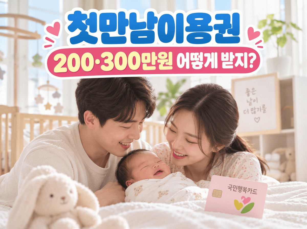 국민행복카드와 아기 아이콘 옆에 첫째 200만원, 둘째 이상 300만원 지원 내용을 보여주는 첫만남이용권 안내 이미지