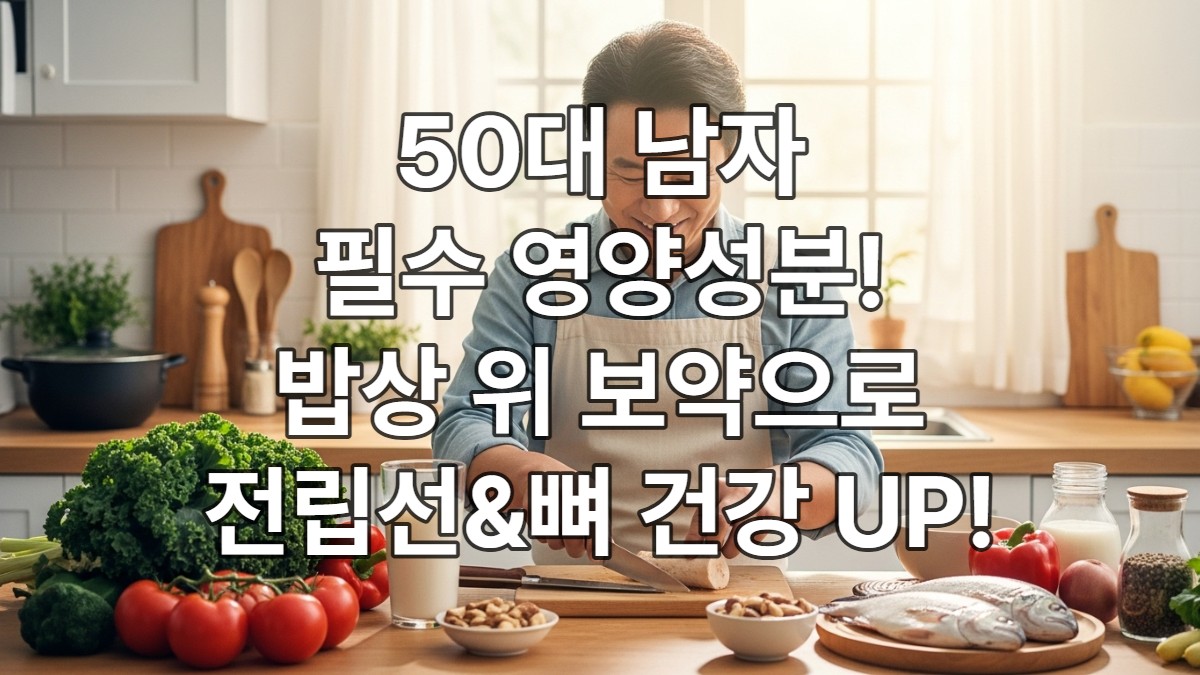 50대 한국 남성이 활기찬 모습으로 싱싱한 토마토, 케일, 우유, 브라질너트, 생선 등 전립선과 뼈 건강에 좋은 식재료가 가득한 주방에서 건강한 식사를 준비하는 모습.