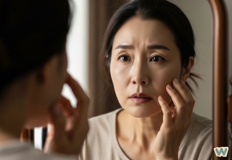 거울을 보며 피부를 살피는 중년 여성 via canva
