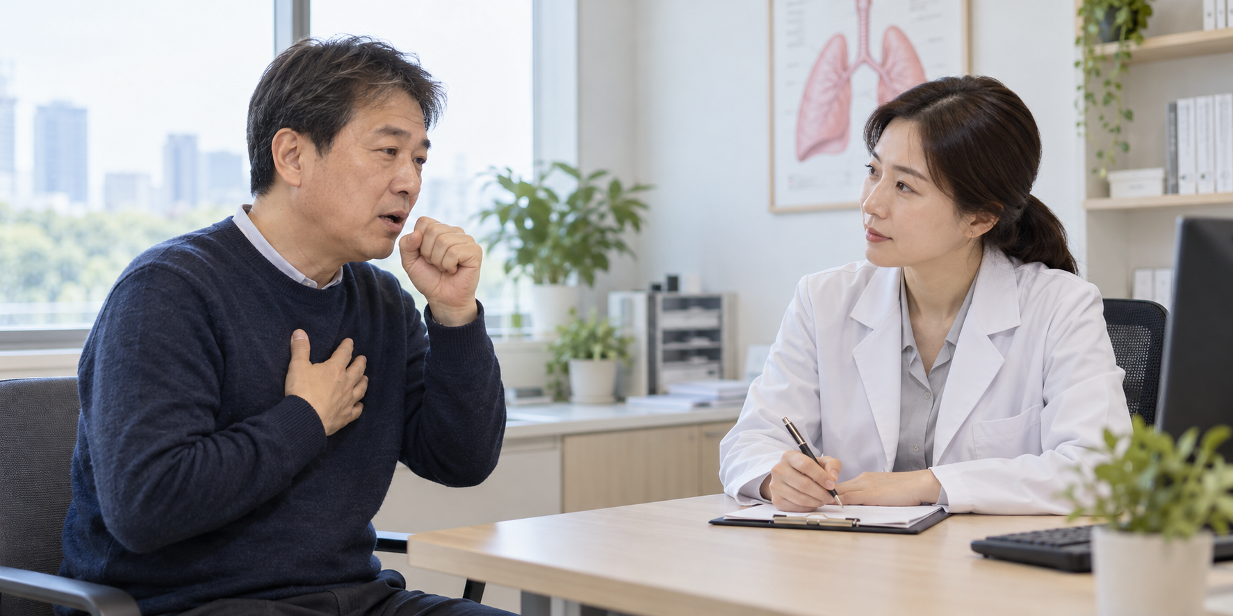 밤 기침의 지속 기간과 증상을 의료진에게 설명하는 장면
