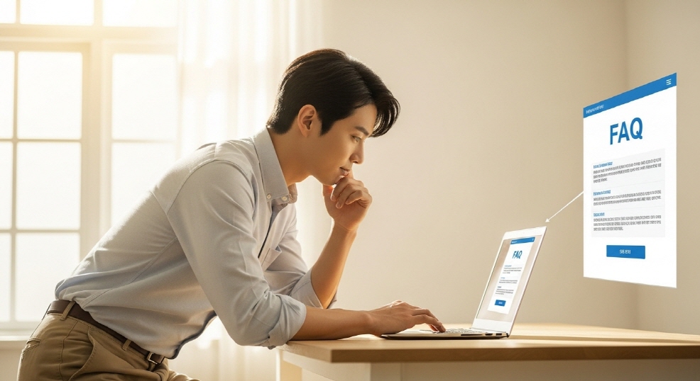 FAQ 화면을 보며 고개 끄덕이는 청년