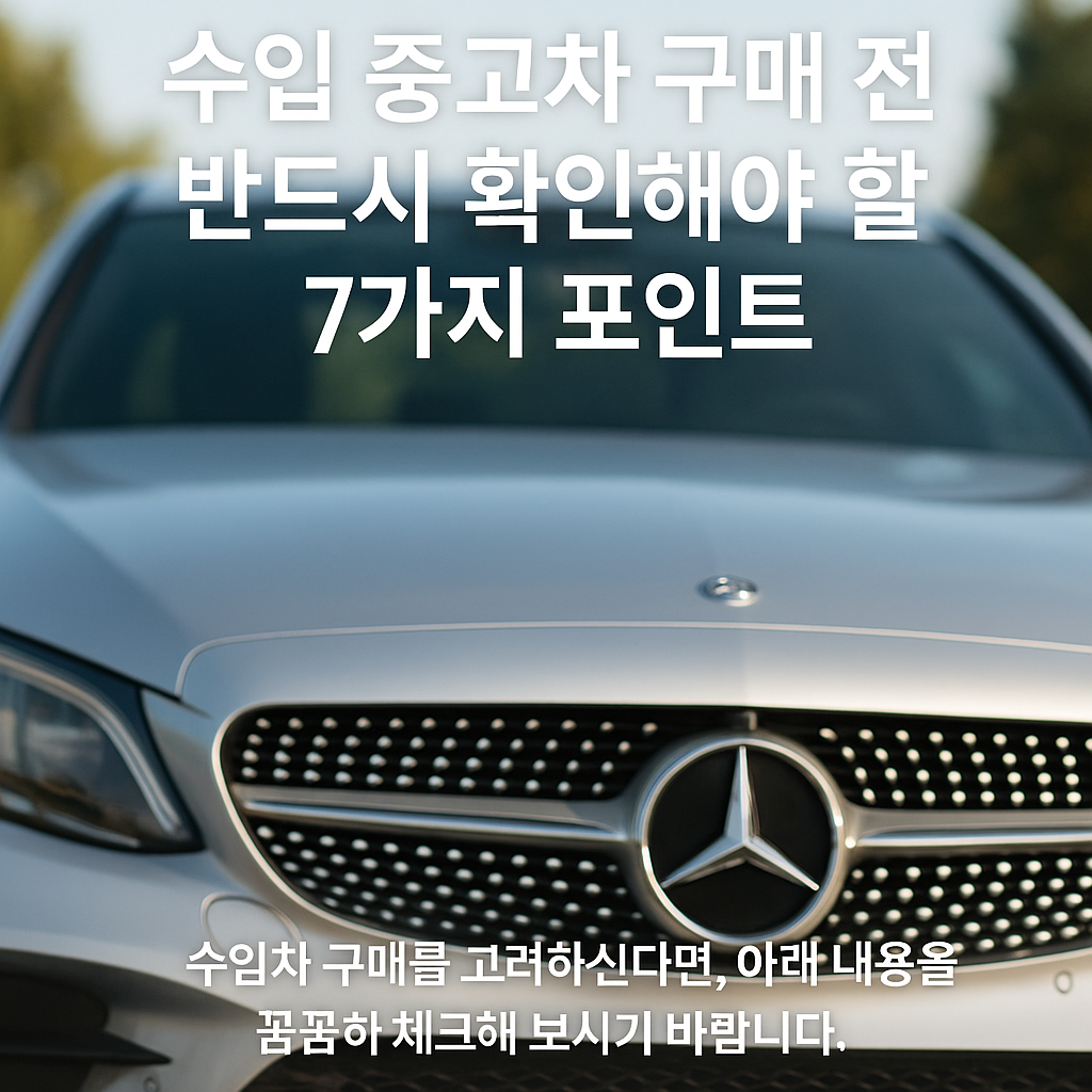 &ldquo;밝은 색 벤츠 차량 위에 &lsquo;수입 중고차 구매 전 꼭 확인해야 할 7가지 포인트&rsquo; 문구가 쓰여 있는 이미지.
수입차 구매, 중고차 점검, 자동차 보험 및 리스 비교를 상징하는 깔끔한 자동차 관련 배경.&rdquo;