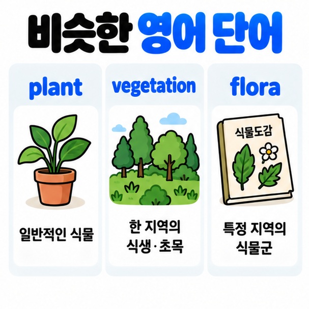 plant vegetation flora의 뜻과 쓰임 차이를 정리한 카드뉴스