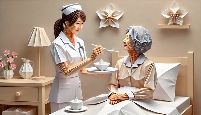 간호사가 할머니에게 음식을 먹여드리는 그림