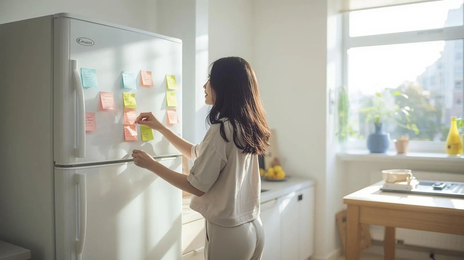 포스트잇 루틴 표를 보고 있는 1인 가구 여성의 아침 루틴 습관