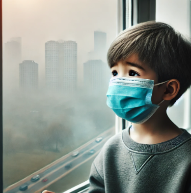 환절기 미세 먼지를 창문 넘어 바라보는 마스크 낀 아이 사진