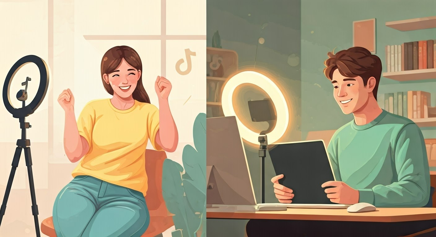 왼쪽 틱톡커와 오른쪽 유투버 수익구조를 비교하는 설명을 위한 표현 이미지