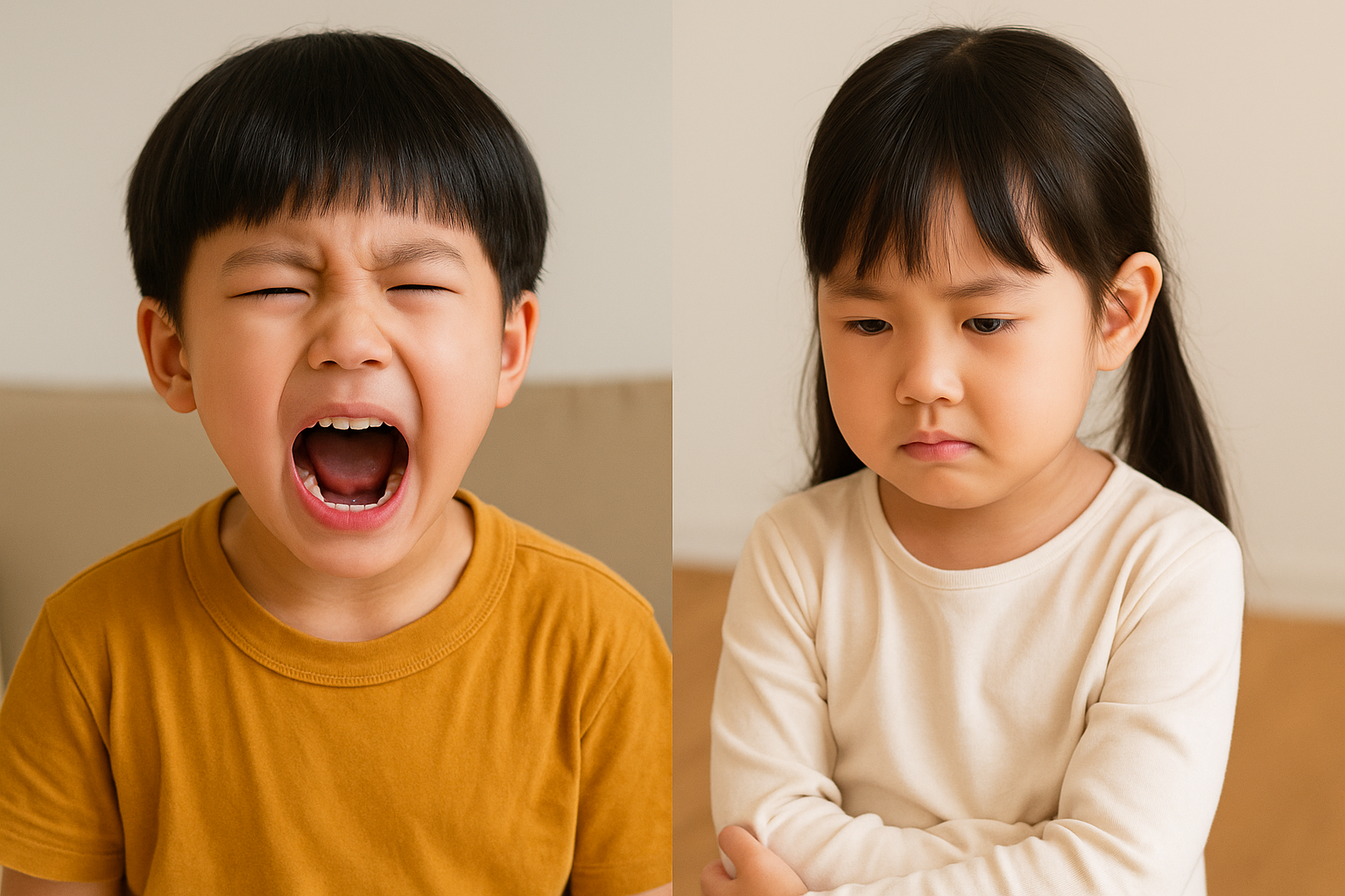 감정 폭발하는 아이, 화내는 남자아이와 속상한 표정의 여자아이 모습