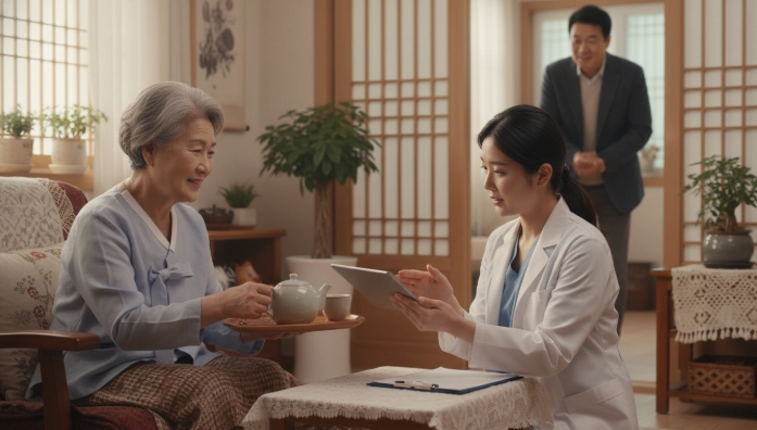 항암치료 후 집에서 통합돌봄 서비스를 받는 80대 어머니와 이를 지켜보는 아들의 모습. 전문적인 의료진과 돌봄 인력이 함께하며 평온하고 희망찬 분위기입니다.