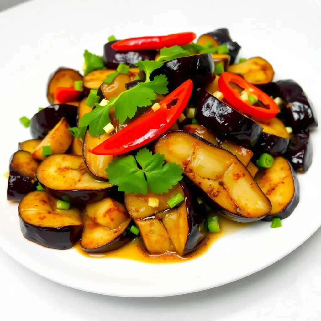 데치거나 쪄서 부드러워진 가지에 간장, 참기름, 마늘 등으로 조물조물 무쳐진 가지무침이 깔끔한 흰 접시에 담겨 있습니다. 초록색 채소나 붉은 고추가 고명으로 올라가 색감을 더합니다.