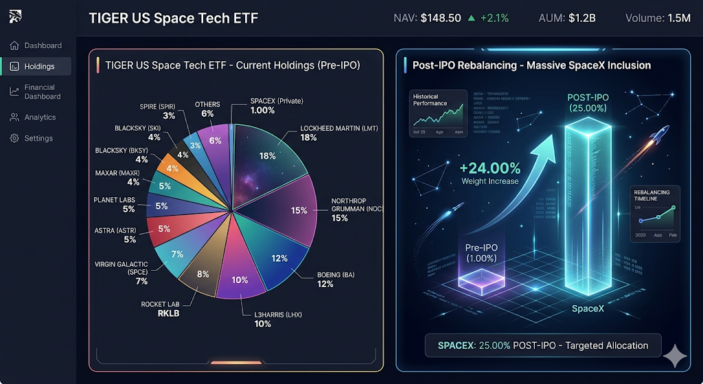 TIGER 미국우주테크 ETF의 종목 구성 비중 차트와 스페이스X 상장 시 비중 변화 시뮬레이션 그래프