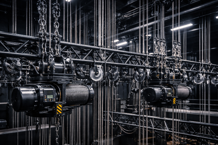 강철 와이어와 도르래 그리고 전동 윈치로 구성된 현대적 극장의 복잡한 플라이 시스템 근접 촬영 이미지다.