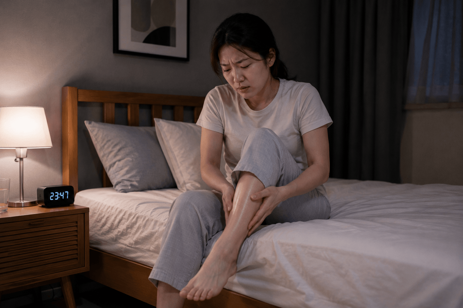 밤에 다리 불편감을 느끼는 하지불안 증후군 증상