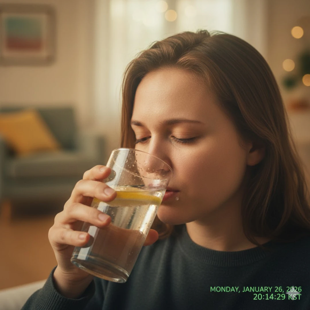 물병이나 컵에 담긴 물, 또는 이온음료 등을 마시는 사람의 모습을 따뜻하고 차분한 색감으로 표현합니다. 건조하고 메마른 느낌 대신 시원하고 촉촉한 분위기를 연출합니다.