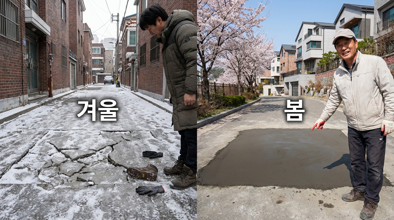 겨울철 파손된 콘크리트 바닥과 사모래 보수 후 깨끗해진 바닥을 비교하는 모습