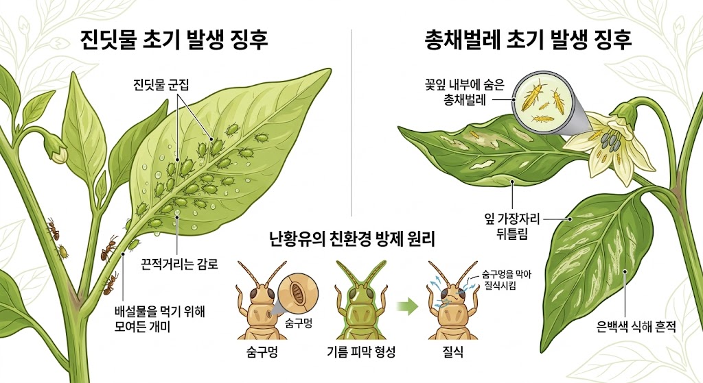 고추 잎 뒷면에 붙은 진딧물과 꽃 속의 총채벌레가 일으키는 은백색 흔적 및 난황유 방제 원리 설명 삽화