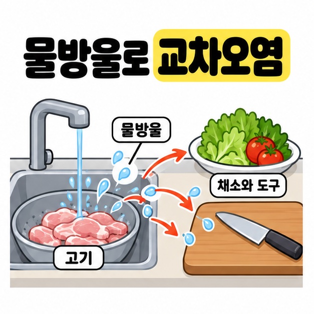 고기를 씻는 물방울이 주변 채소 접시와 칼 도마로 튀는 교차오염 경로를 화살표로 보여주는 그림