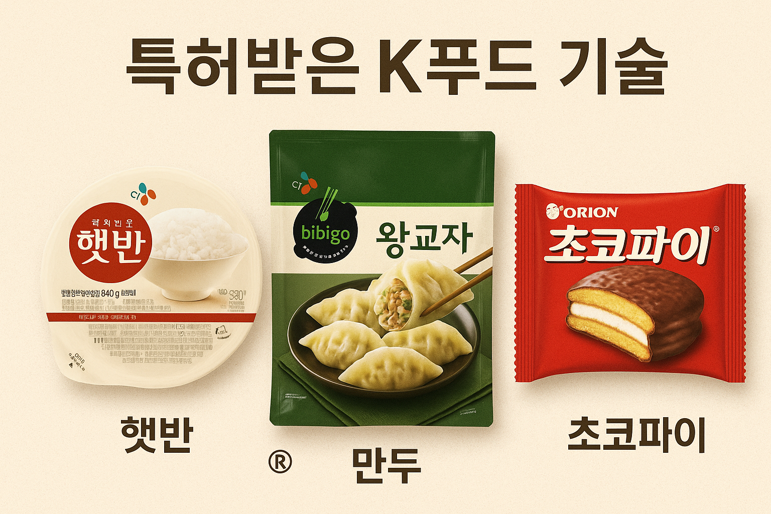 특허받은 k푸드 햇반, 비비고만두, 초코파이 사진