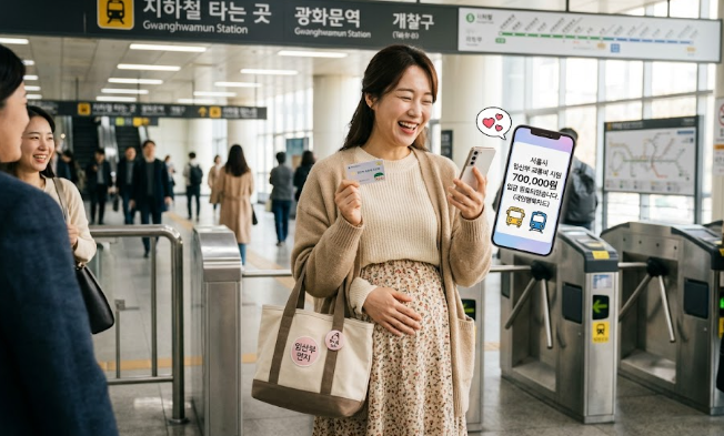 임산부 교통비 지원으로 즐거워하는 30대 한국인 임산부