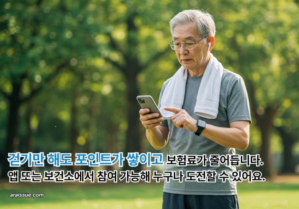 고혈압&middot;당뇨 환자가 건강생활실천지원금제에 참여해 스마트폰 앱으로 걷기 실적을 인증하는 장면으로, 건강보험료 환급 혜택을 위한 실천 기반 제도를 보여줍니다.