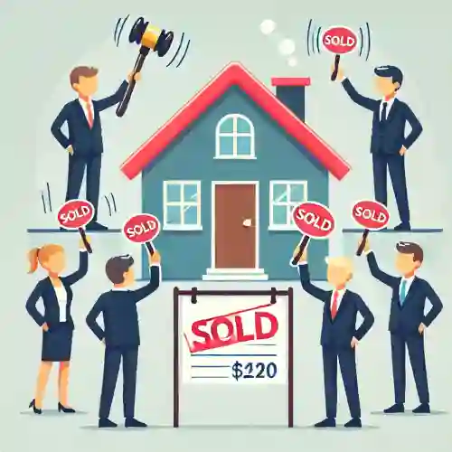 부동산 경매 장면, 경매사가 망치를 들고 입찰자들이 팻말을 들고 있는 모습