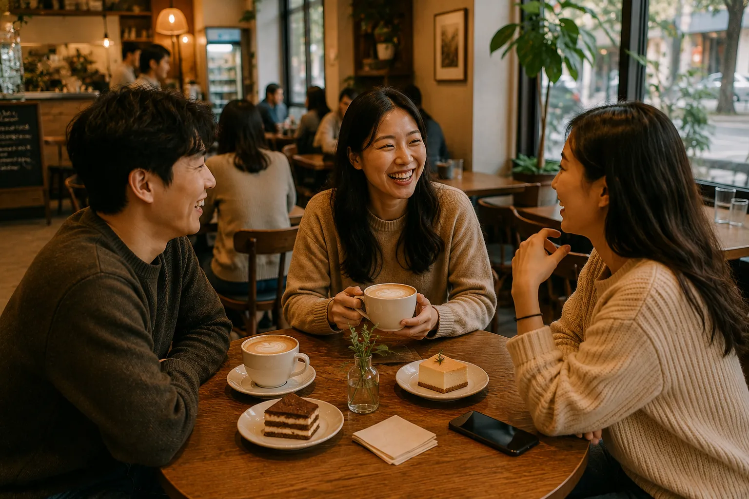 친구&middot;연인이 함께 모여 대화하는 주말 카페의 활기찬 풍경
