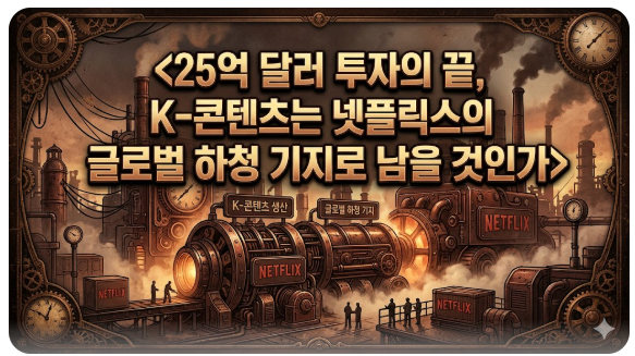 <25억 달러 투자의 끝, K-콘텐츠는 넷플릭스의 글로벌 하청 기지로 남을 것인가>라는 제목의 스팀펑크 스타일 블로그 썸네일입니다. 거대한 톱니바퀴와 증기 기관, 시계로 구성된 기계 중심의 산업 풍경을 배경으로 합니다.