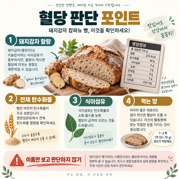돼지감자 함유 여부와 함께 탄수화물, 식이섬유, 섭취량을 확인해야 한다는 인포그래픽