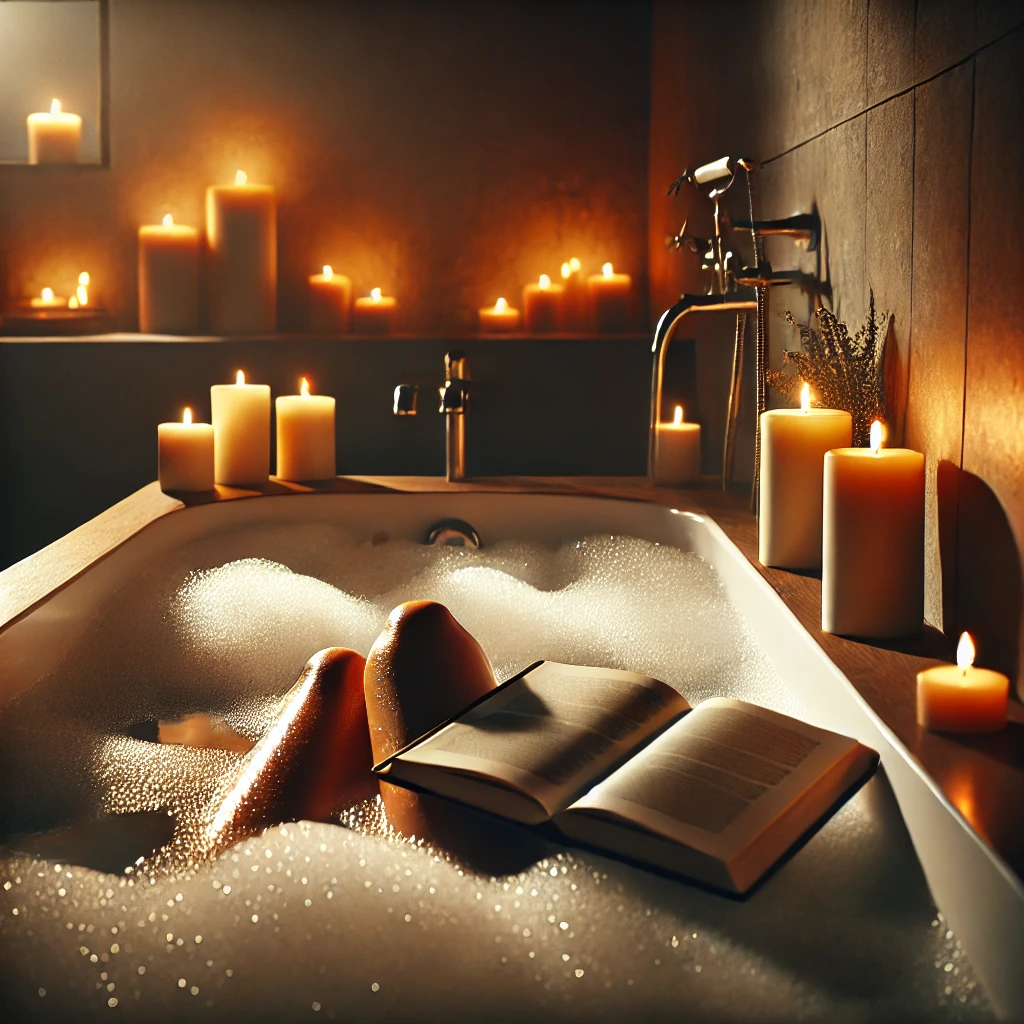 따뜻한 버블 배스로 자신을 돌보는 모습