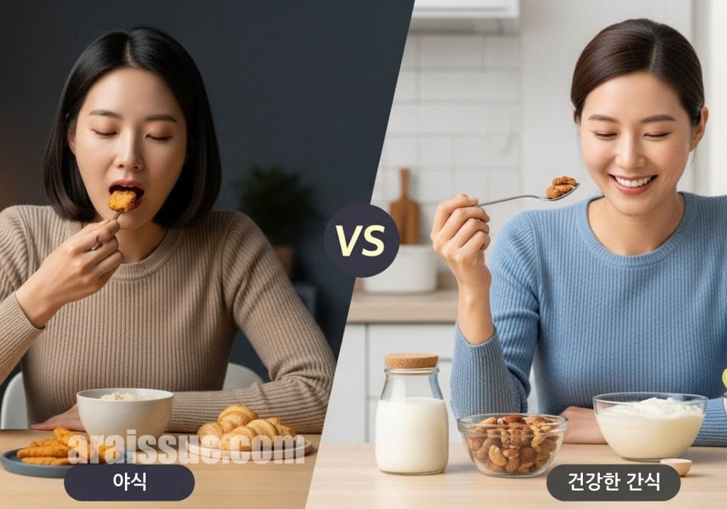 식사 실수와 대체 전략을 시각적으로 비교하는 장면