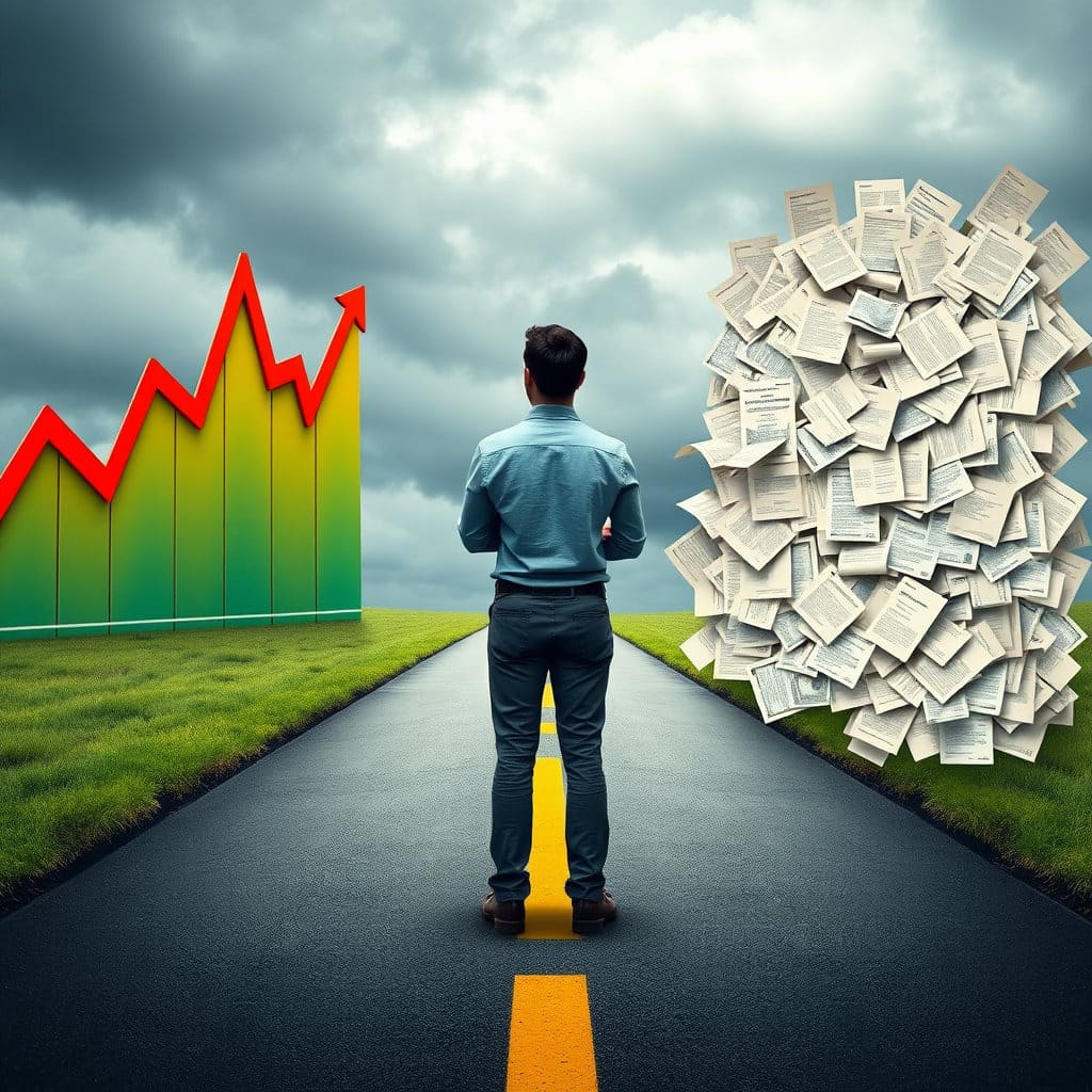 갈림길에서 고민하는 사람의 모습으로, 한쪽 길은 급변하는 투자 수익률 그래프, 다른 쪽 길은 복잡한 서류나 약관들이 놓여 있습니다. 이는 근로자가 직접 운용하는 경우 발생할 수 있는 투자 손실 위험과, 제도를 충분히 이해하고 신중하게 선택해야 함을 시각적으로 나타냅니다.