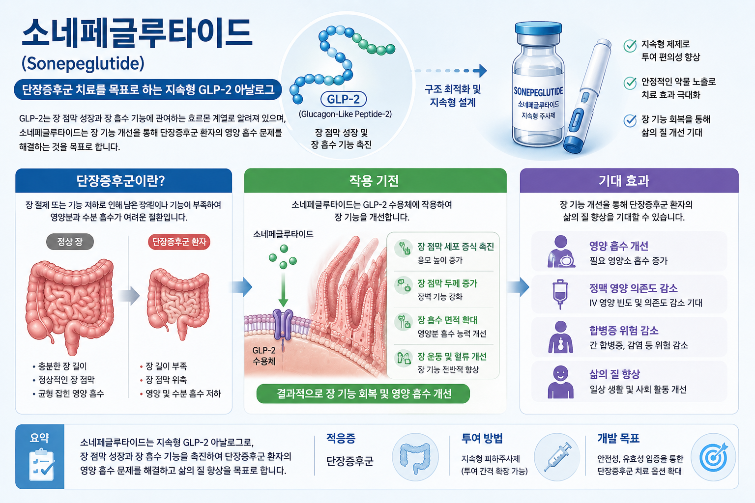 소네페글루타이드가 단장증후군 환자의 장 점막 성장과 영양 흡수 기능 개선을 목표로 하는 지속형 GLP-2 아날로그 치료제임을 설명한 의학 인포그래픽 이미지