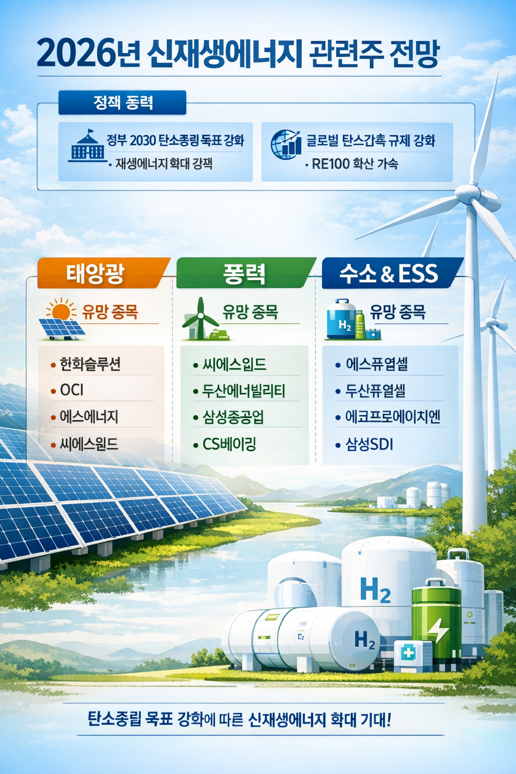 2026년 신재생에너지 관련주 전망: 정책 동력과 분야별 핵심 종목 정리
