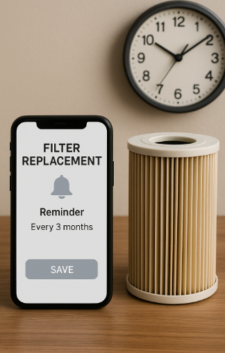 스마트폰 화면에 &lsquo;FILTER REPLACEMENT&rsquo; 알림이 표시되고 옆에 원통형 필터가 놓여 있는 모습