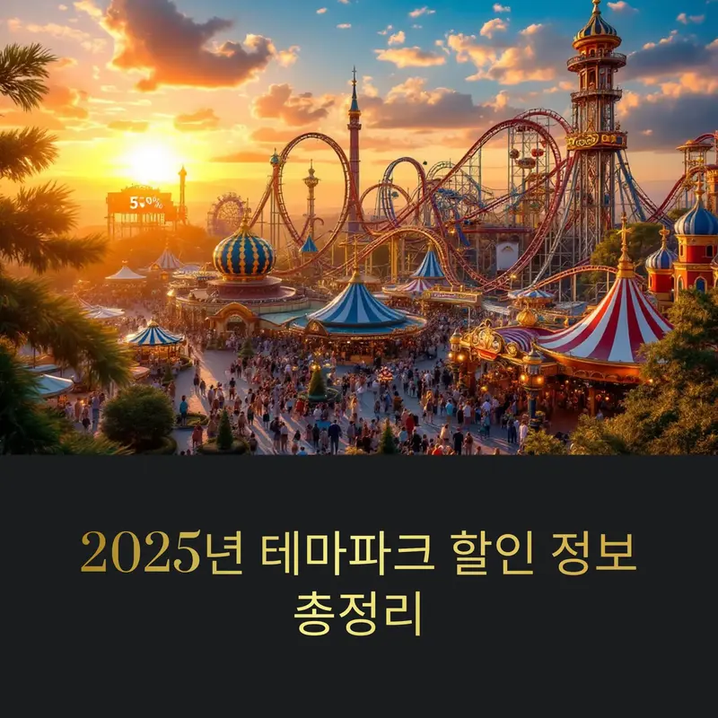 2025년 테마파크 할인 정보를 안내하는 이미지, 해질녘 놀이공원과 롤러코스터, 많은 방문객들이 모여있는 풍경