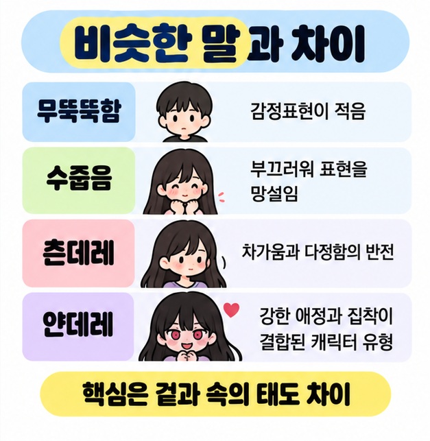 츤데레와 무뚝뚝함, 수줍음, 얀데레의 차이를 비교해 츤데레는 차가움과 다정함의 반전이 핵심임을 정리한 카드