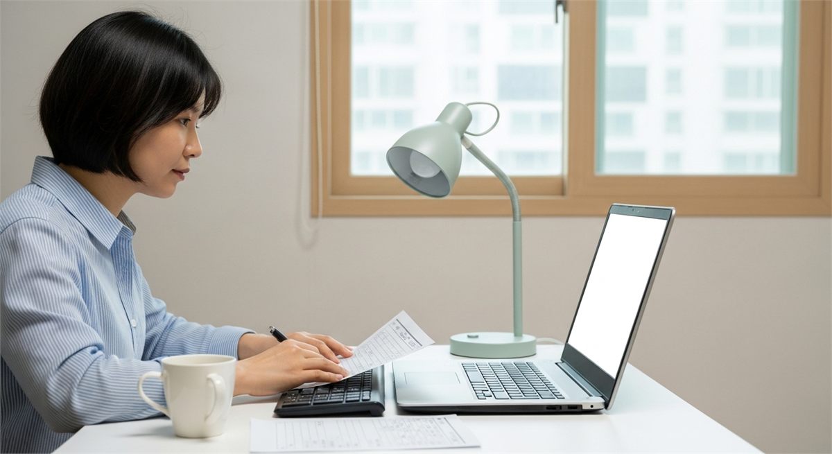 집 책상에서 노트북으로 지원금 신청 절차를 진행하는 장면 