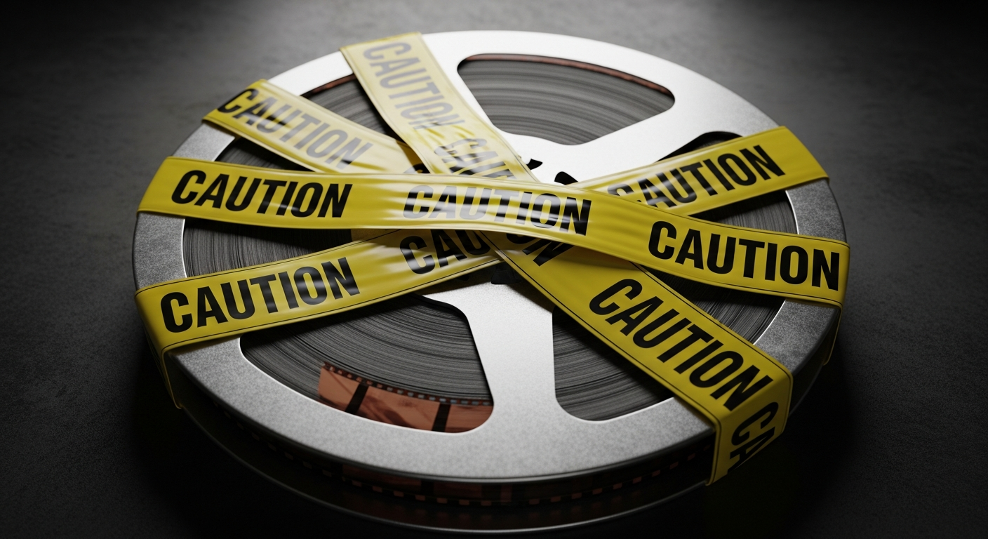 영화 필름 릴이 노란색 경고 테이프(Caution Tape)로 감겨 있는 이미지.