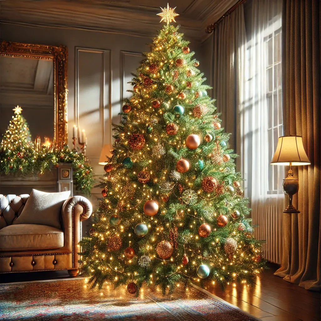 리얼한 질감의 PE 크리스마스 트리, 따뜻한 실내에서 축제 분위기를 자아내는 장식