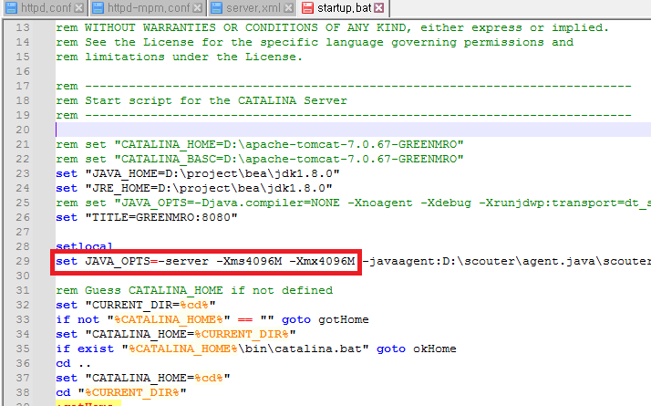 Apache Tomcat startup.bat 파일에서 JVM 메모리 옵션 설정하는 방법