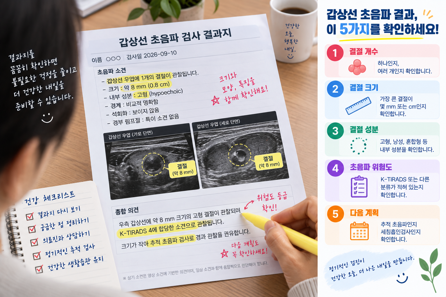 갑상선초음파 결과지에서 확인할 항목을 정리한 그림