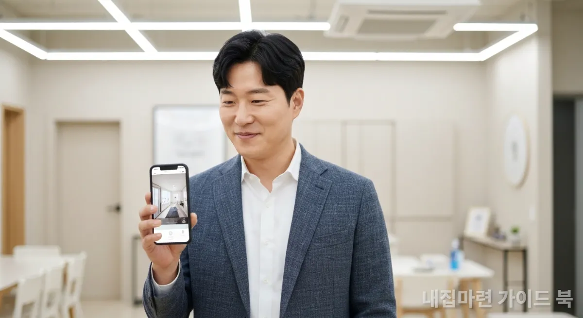 스마트폰 프롭테크 앱으로 가상현실 매물 투어를 하는 한국인 남성