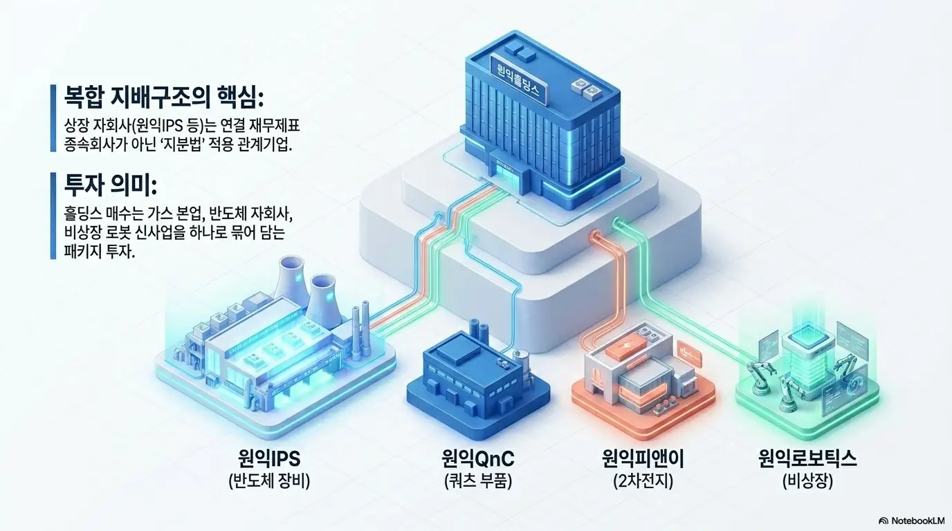 원익홀딩스 주가 전망: 원익홀딩스 지배구조를 표현한 이미지. 원익IPS, 원익QnC, 원익피앤이, 원익로보틱스 등 자회사가 연결 종속회사가 아닌 지분법 적용 관계기업이라는 점과, 원익홀딩스 매수가 가스 본업과 반도체 자회사, 비상장 로봇 신사업을 하나로 묶는 패키지 투자라는 의미를 설명함.