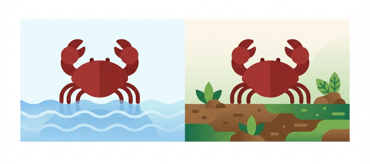 물에 사는 게 vs 땅에 사는 게 일러스트