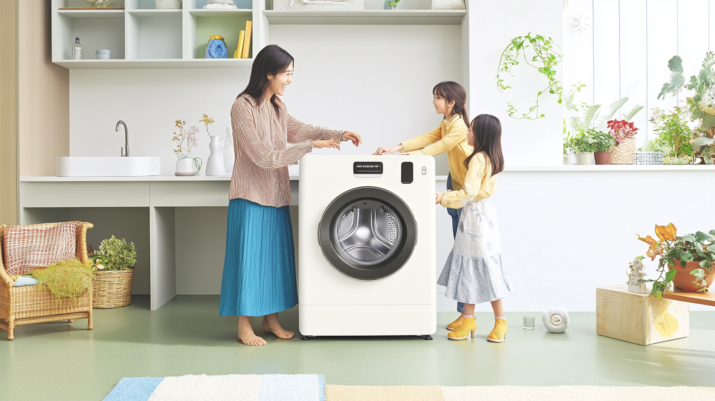 삼성 세탁기를 사용하는 가족의 행복한 순간. 현대적인 인테리어와 따뜻한 분위기가 느껴지는 가정 환경.