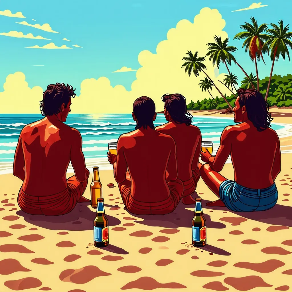 괌 원주민이 해변에서 친구들과 맥주를 마시는 이미지를 그렸습니다.