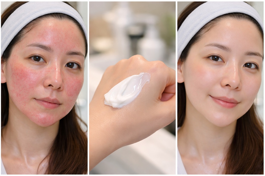 엑소좀 시술 부작용 및 회복 과정 3단계 사진. 왼쪽은 MTS 시술 직후 심한 홍조, 가운데는 사용하는 재생크림 제형, 오른쪽은 3일 후 진정되고 맑아진 피부.