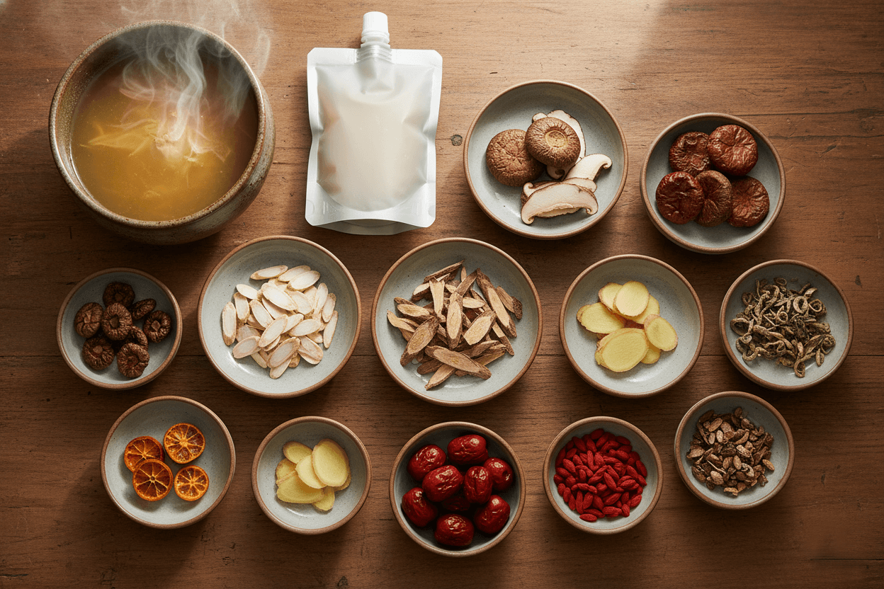 나무 테이블 위에 황기, 당귀, 대추, 구기자, 생강 등 여러 한약재가 작은 접시에 나뉘어 놓여 있고 한쪽에는 보양탕 그릇과 건강즙 파우치가 보이는 이미지
